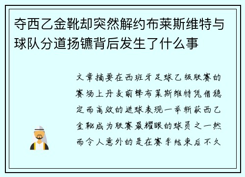 夺西乙金靴却突然解约布莱斯维特与球队分道扬镳背后发生了什么事 夺西乙金靴却突然解约布莱斯维特与球队分道扬镳背后发生了什么事